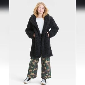 Girls' Long Faux Fur Jacket - art class Black L